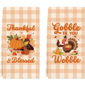 Thanksgiving Kitchen Towels, Funny Thanksgiving Kitchen Bathroom Decor, Thankful and Blessed Hand Towels, Cute Turkey Gobble Til You Wobble Gifts for Women Men Sister Mom Wife Friends Coworkers
