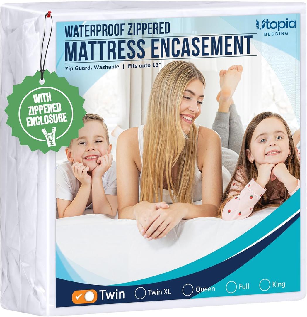 Utopia Bedding Twin Size Mattress Protector Zippered, 100% Waterproof | Bed Bug and Dust Mite Proof Mattress Encasement, Absorbent 6 Sided Mattress Cover fits upto 13" deep, Machine Washable