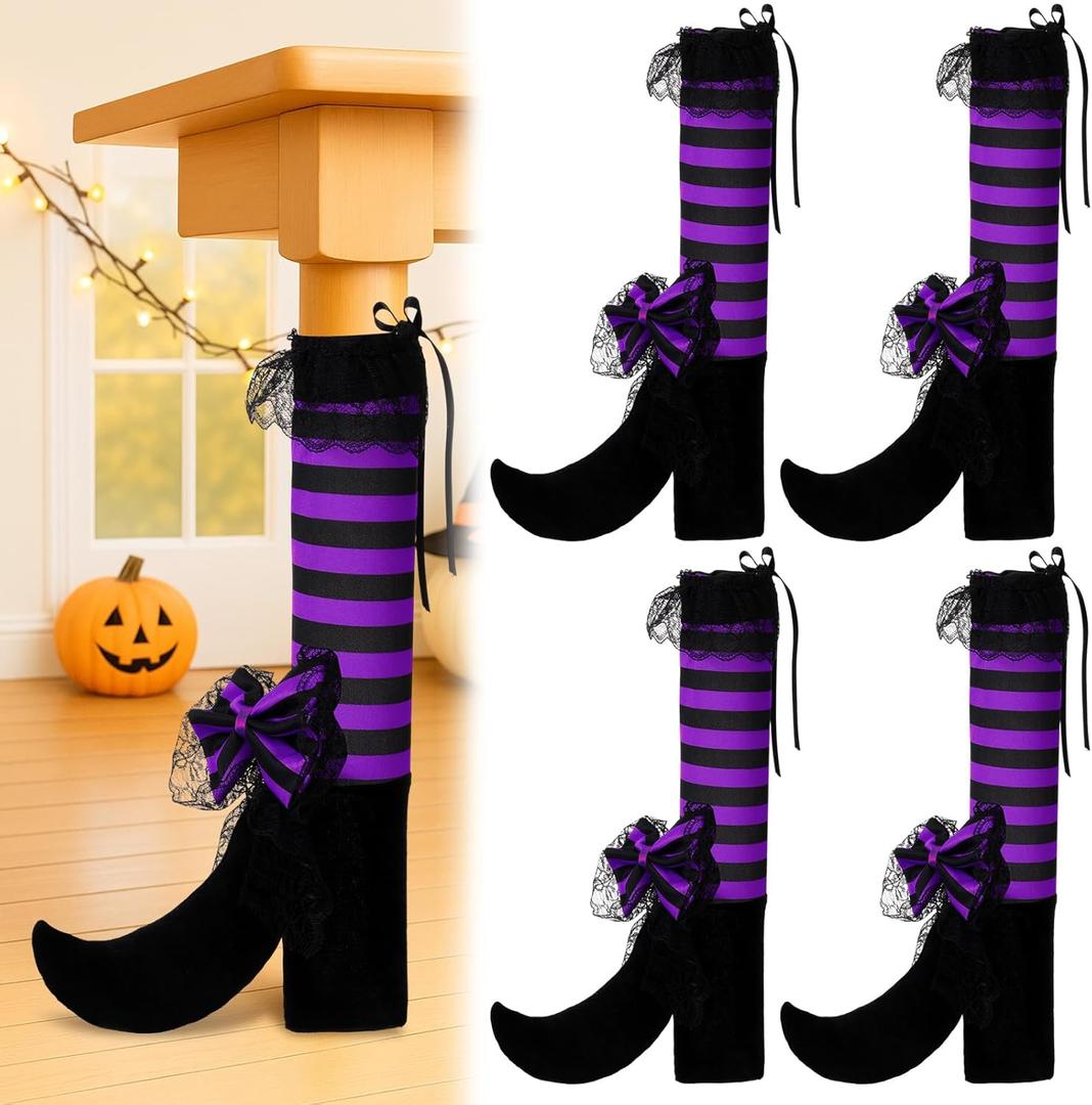 4 Pack Halloween Witch Legs Decor Witch Striped Table Leg Stocking Chair Leg Covers for Halloween Parties(Black,Purple)