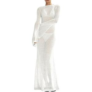 Womens Crochet Cover Ups Long Sleeve Sexy  Coverup Beach Maxi Dress, L/XL, White
