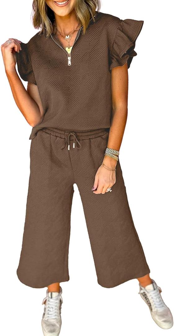 SHEWIN 2 Piece Sets Outfits for Women V Neck Collared Ruffle Short Sleeve Polo Shirts Quarter Zip Pullover Tops Lounge Set (Small, Brown)