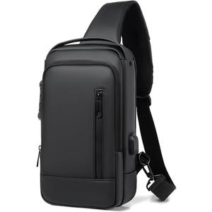 Sling Bag for Men Anti-theft | Crossbody USB PU Leather Shoulder Bag Chest Bag Waterproof Lightweight One Strap Backpack (Black)