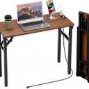 TEMI Small Computer Desk Folding Table - No Assembly, Compact 35.8" Foldable Desk with Power Outlets & USB Charging Port, Portable Small Office Desk, Ideal Mini Study Table for Narrow Spaces, Walunt (Dark Walnut)