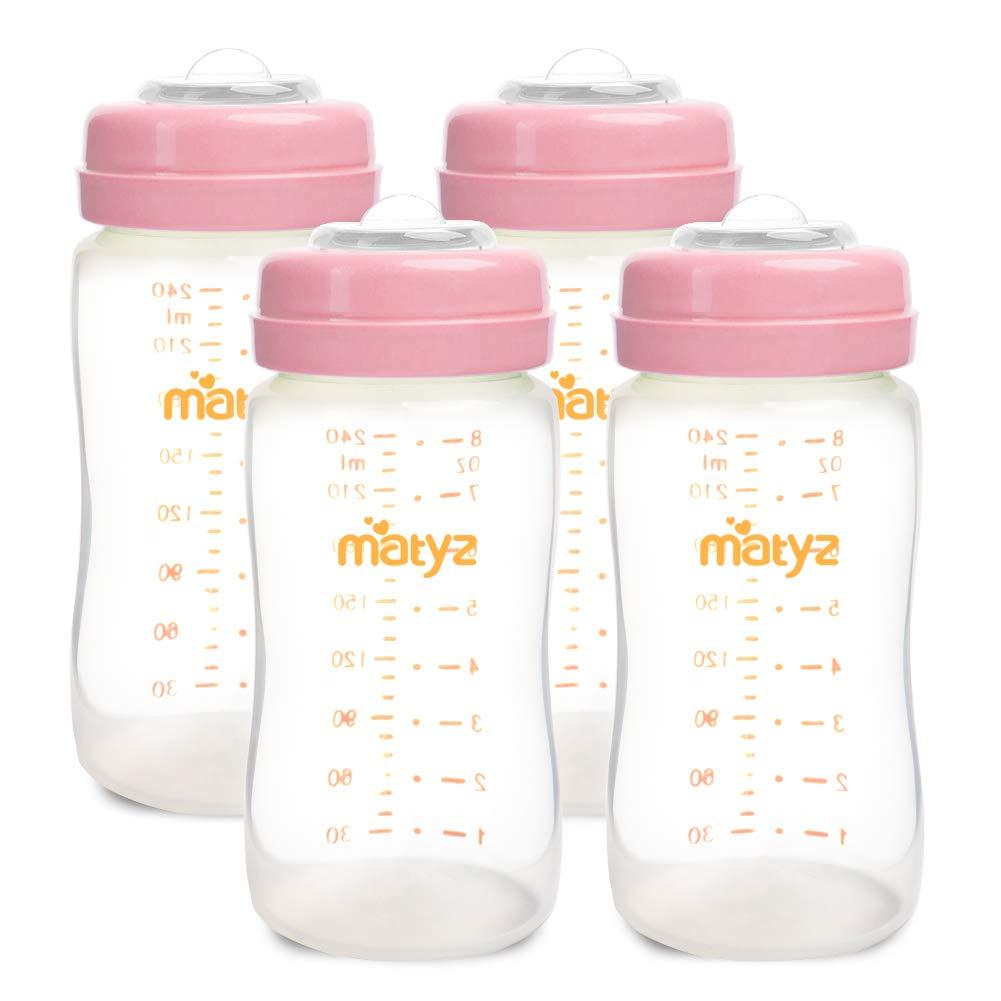 Matyz 4-PACK Breast Milk Collection And Storage Bottles (Pink, 8oz Each) - No BPA Breastmilk Storage Containers With Lids - Pumping Storage Bottles For Philips Avent Medela Spectra Breast Pumps