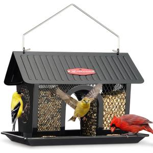 Kingsyard Bird Feeder for Outdoors Hanging, Dual-Use Metal Mesh Wild Bird Feeders with Seed Tray & Weatherproof Roof, 3 lbs Large Capacity, Black