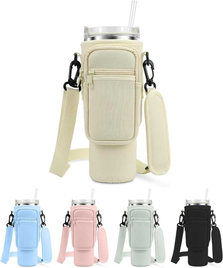 Water Bottle Carrying Bag with Pocket for Stanley & Simple Modern 40oz Tumbler with Handle, Water Bottle Holder with Pouch, Adjustable Strap Carabiner for Stanley Cup Accessories for Travel Walk Camp
