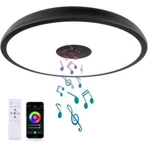 Black Smart Waterproof LED Flush Mount Ceiling Light Fixture,18W,with Bluetooth Speaker,RGB Color Changing Function-Dimmable Lamp,Tuya Application Control-Compatible with Alexa Google Home (11-inch)