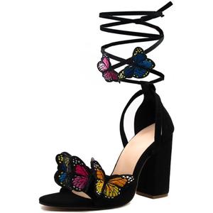 JOEupin Women's Strappy Chunky Heels Sandals 3 inch Butterfly Lace Up Ankle Wrap Heel Wedding Bridal Heeled Sandals Shoes (6, Black)