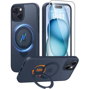 FNTCASE for iPhone 15 Plus Case: iPhone 14 Plus Phone Case [360 Spin Magnetic Stand] [Compatible with Magsafe] [Screen Protector] Translucent Matte Military Grade Shockproof Phone Cover - Deep Blue