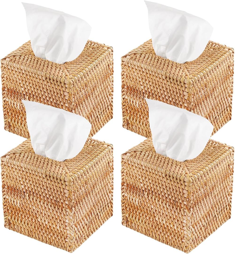 4 Pack Rattan Tissue Box Cover Square, Hand Woven Wicker Tissue Holder, Tissue Box Holder, Wicker Tissue Box Cover, 5.5 x 5.5 X 5.5 inch, Natural