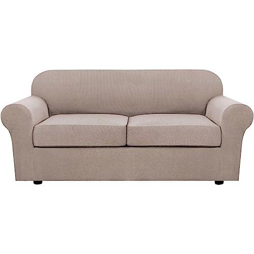H.VERSAILTEX 3 Piece Stretch Sofa Covers for 2 Cushion Sofa Couch Covers for Living Room Furniture Cover (Base Cover Plus 2 Seat Cushion Covers) Thicker Jacquard Fabric(Large Sofa, Sand)