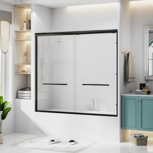Bathtub Shower Door, 56-60" W x 57" H Sliding Double Bypass Tub Door, 1/4"(6mm) Clear Tempered Glass with Explosion-Proof Film & Nano Coating, Matte Black Aluminum Frame, 304 Stainless Steel Handle