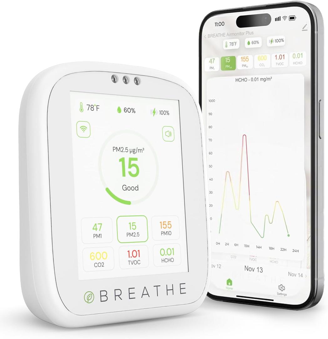 BREATHE Airmonitor Plus: Smart Air Quality Monitor Indoor - 8-in-1 CO2 Meter, Formaldehyde Detector, VOC Meter, PM1/2.5/10, Temperature & Humidity - Air Quality Tester for Home with App