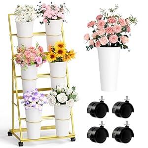 Invech Flower Display Stand with 6 Buckets, 3 Tier Gold Flower Cart Display Stand for Indoor Outdoor Garden, Wedding, Florist
