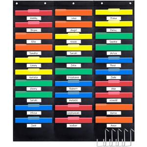 Opret 30 Pockets Storage Pocket Chart with 30 Nametag Pockets, Hanging Wall File Organizer for File Folders with 5 Hangers for Classroom, Office, School Mailbox Organizer and Home (Black)