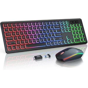 Wireless Keyboard and Mouse Combo - RGB Backlit, Rechargeable & Light Up Letters, Full-Size, Ergonomic Tilt Angle, Sleep Mode, 2.4GHz Quiet Keyboard Mouse for Mac, Windows, Laptop, PC (Black)