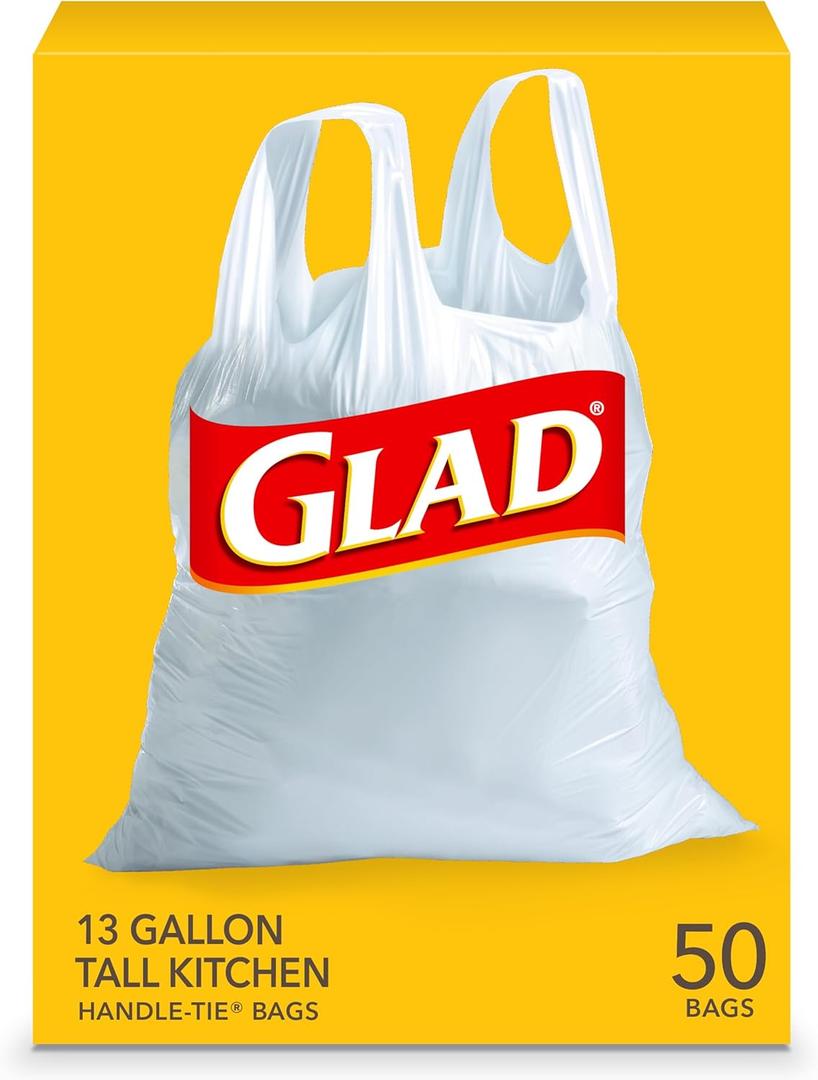 Glad Tall Kitchen Trash Bags 13 Gallon, Unscented Garbage Bags, Handle-Tie, 50 Count (White)