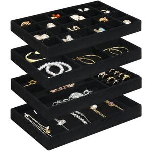 Jenseits 4 Stackable Jewelry Trays Organizer Set for Drawers, Jewellery Drawer Insert Divider Jewel Display Storage with Removable Dividers for Earring Necklace Rings Bracelet, Black