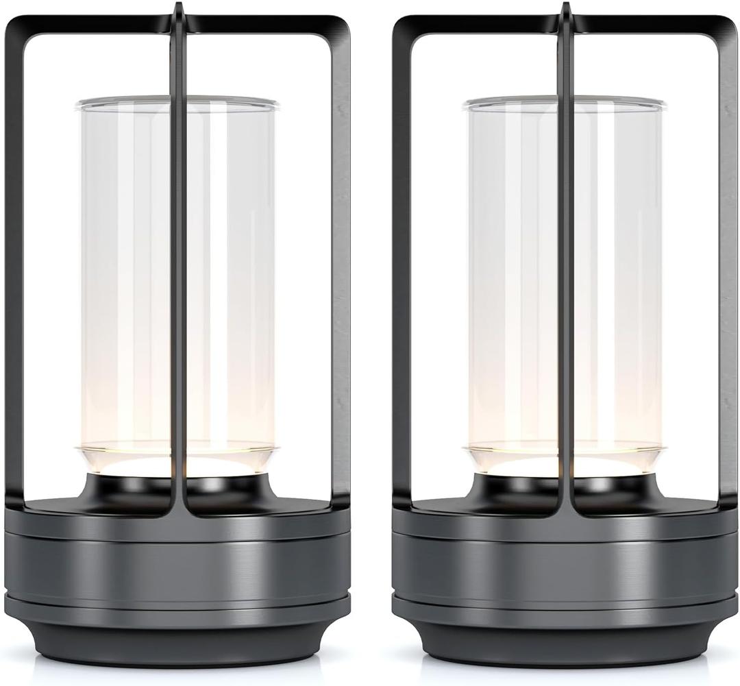 Portable Metal Table Lamp for Indoor/Outdoor ,Rechargeable Cordless LED Lamp, 3Colour Infinitely Dimming Battery Powered Small Desk Lamp, Restaurant/Bedroom/Bar/Coffee/Camping Light (Grey Set of 2)