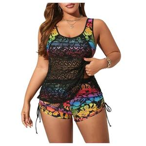 BEAUDRM Women's Plus Size Tankini Swimsuits 2 Piece Floral Tropical Swimwear Hollow Out Bathing Suits Lace Beach Swimsuit Black XX-Large Plus