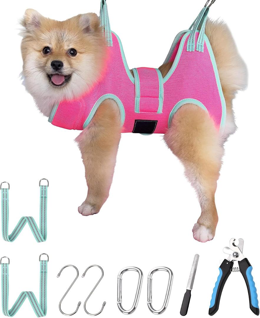 Kkiimatt Dog Grooming Hammock,XS Pink Hanging Harness Holder for Nail Clipping/Trimming,Grooming Sling Hanger with Thick Fabric Neck Support,Strap Restraint for Claw Care