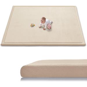 Baby Play Mat for Floor, 1.3 Inch Thick Memory Foam Tummy Time Mat with Non Slip Backing, Soft Coral Velvet 71X79 Inch Playpen Mat Crawling Tatami for Infants Toddlers Kids, Beige