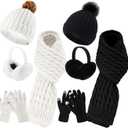 Suhine 8 Pcs Winter Hat Scarf Gloves Earmuff Set Knit Beanie Pompom Hat Warm Touch Screen Gloves for Women Men Adult (Black,white)