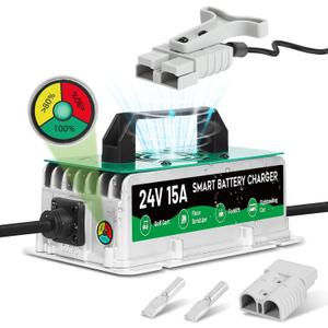 Forklift Battery Charger 24V 15A,IP67 Waterproof 24 Volt Charger, Jack/Floor Scrubber Fully Automatic Smart Charging with 8 Charging Protections, 9.8ft Cable,for Lead-Acid Batteries