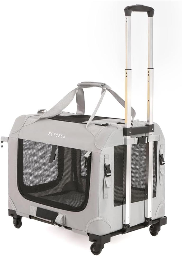 Extra Large Cat Carrier Soft Sided with Wheels Folding Small Medium Dog Pet Carrier 24"x16.5"x16" Travel Collapsible Ventilated Comfortable Design Portable Vehicle (grey)