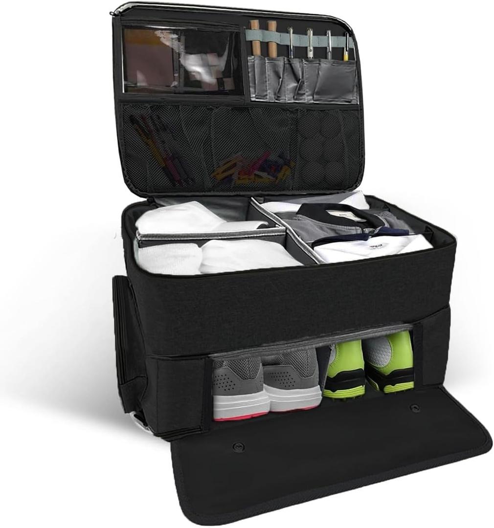 Golf Trunk Organizer  2 Layer Car Storage Case for Golfers with Separate Ventilated Shoe CompartmentPortable Golf Bag Organizer for Balls,Tees,Clothes,Gloves & AccessoriesGolf Gear for Men (Black)