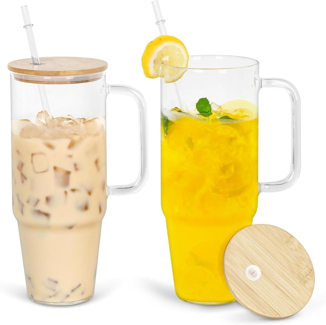 2 Pack 40 oz Glass Tumbler with Handle, Reusable Clear Glass Cups with Lids and Straws, BPA-Free, Wide Mouth Drinking Iced Coffee Cups for for Coffee, Boba, Smoothies, Soda, Juice 