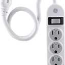 GE 4-Outlet Power Strip, 1.5 Ft Extension Cord, Grounded Outlets, Twist-to-Lock Safety Covers, Integrated Circuit Breaker, UL Listed, White, 14837