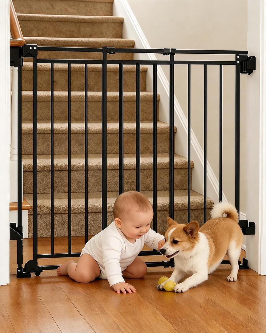 Baby Gate for Stairs, Doorways & Hallways with Auto Close 26.4"-43" W x 39" H, Extra-Wide Walk Thru and No Bottom Bar for Easy Access, Adjustable Safety Gate for Dogs & Toddlers, Black