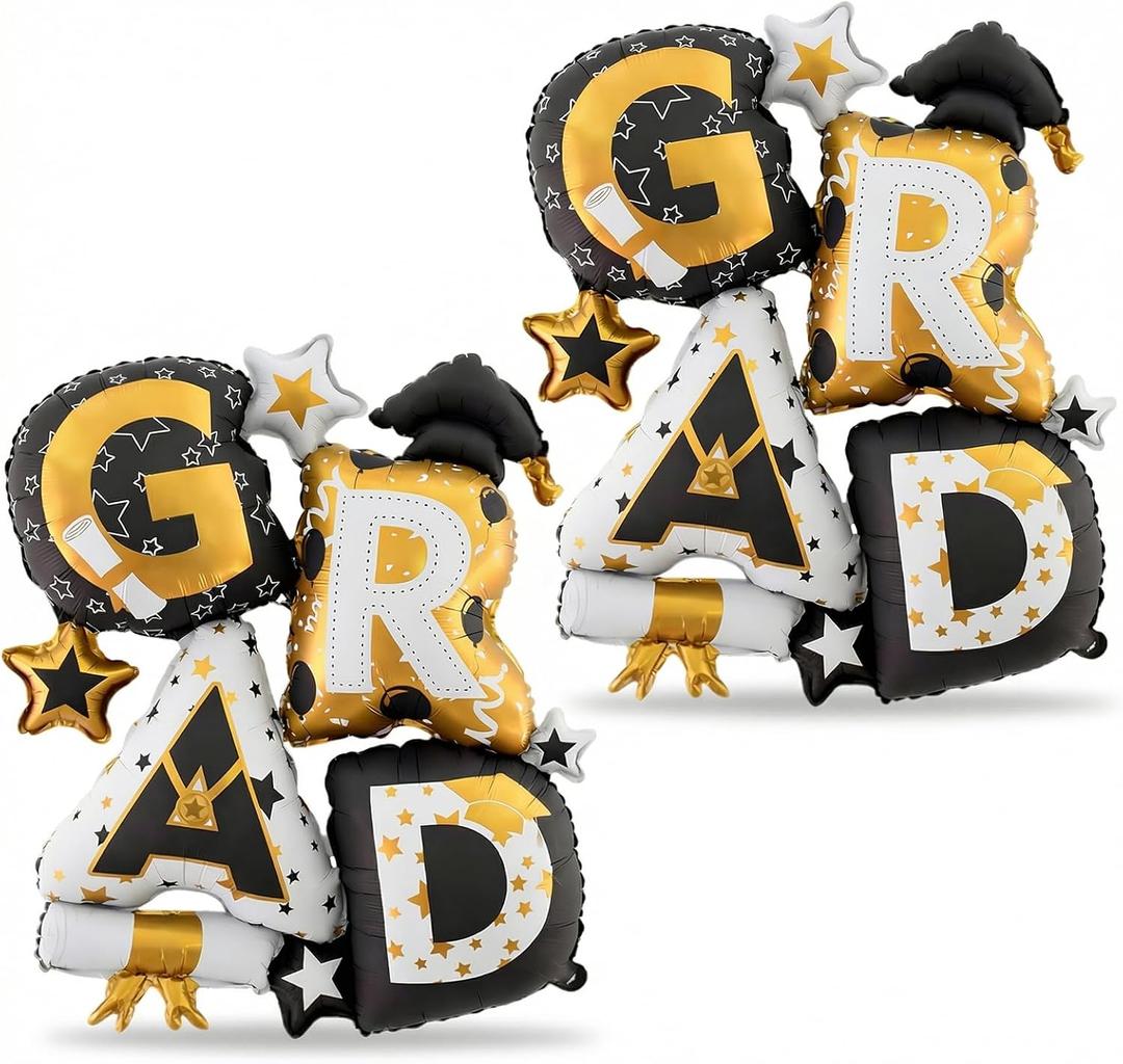 2 x Graduation Balloons 2026 Decorations, 2 PCS Large GRAD Foil Letter Balloons Black Gold Congrats Grad Party Supplies for Class of 2026 Celebration Indoor Outdoor Photo Props