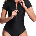 Holipick Women's One Piece Short Sleeve Rash Guard Surfing Modest Swimsuit Zipper Front Bathing Suit with Built in Bra