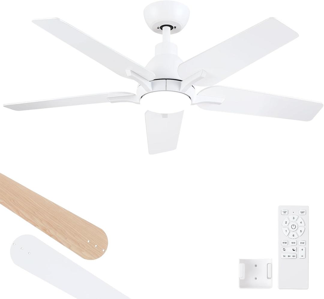 42 Inch Ceiling Fans with Lights and Remote, White Ceiling Fan, 5 Blade Modern Ceiling Fan for Bedroom, Living Room, Dining Room, Patio, Dimmable 6 Speeds DC Quiet