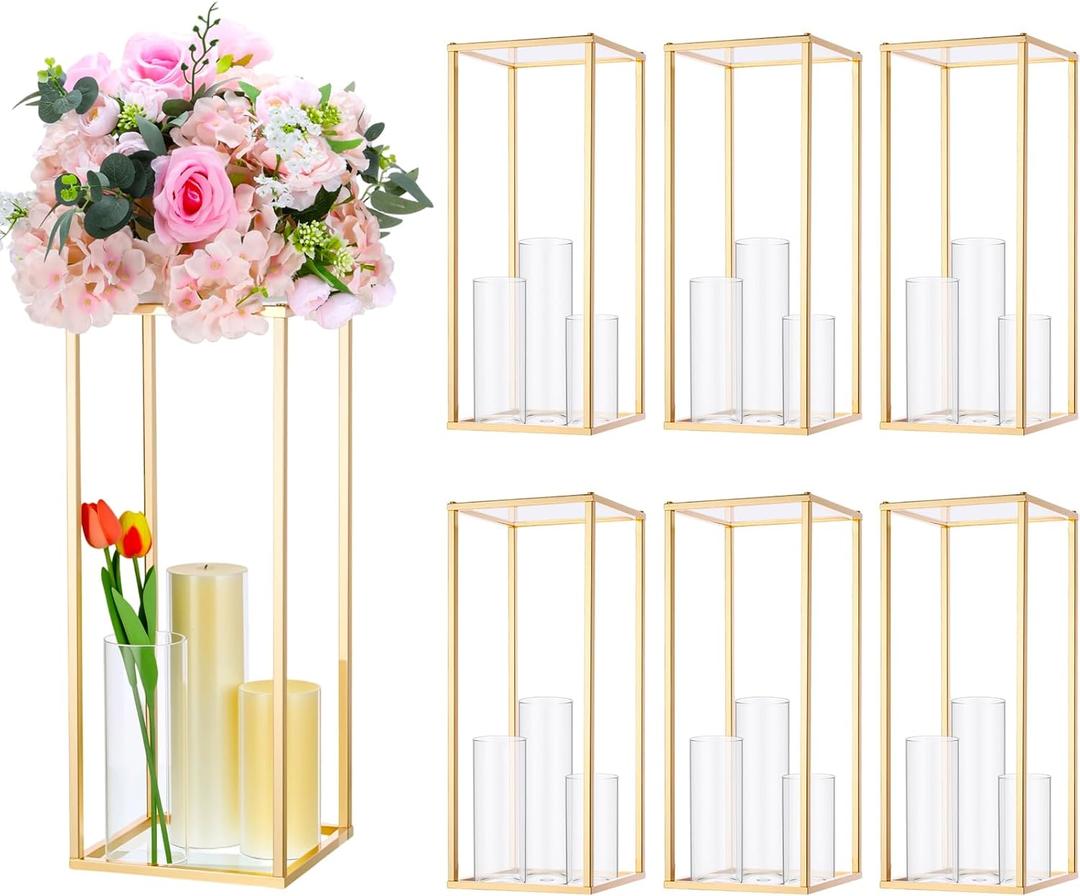 Sieral 6 Sets Wedding Flower Vase Include 6 Pcs Gold Metal Centerpieces Flowers Stand 18 Pcs Clear Glass Candle Holders Cylinder Vases Flower Vases for Table Centerpiece Wedding Home Decor
