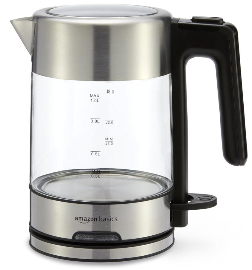 Basics Electric Kettle with Glass Carafe for Tea and Coffee, Fast Boiling, Auto ShutOff, BoilDry Protection, Temperature Control, Removable Filter, 1 Liter, 1500W, BPAFree