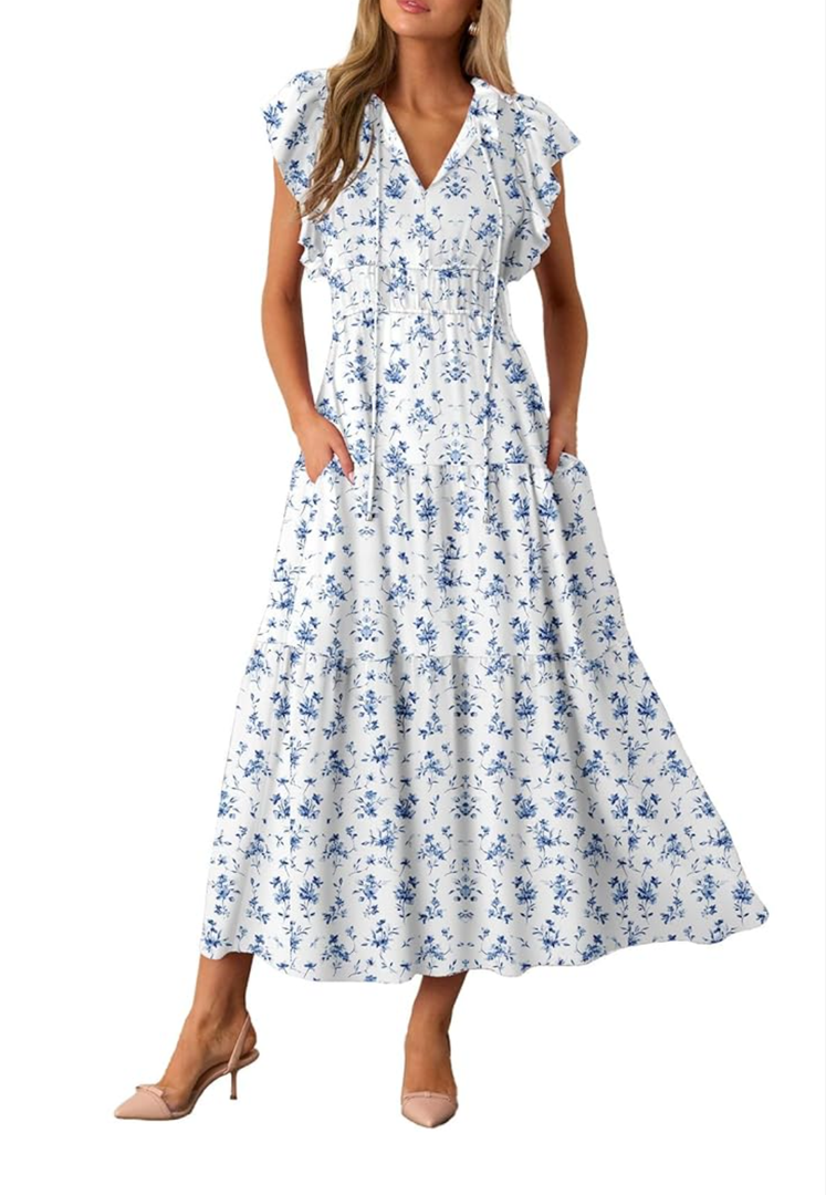 BLENCOT Womens Floral Maxi Dresses Casual Flowy Boho Dresses Summer Ruffle Short Sleeve V Neck Dress with Pockets, Size L