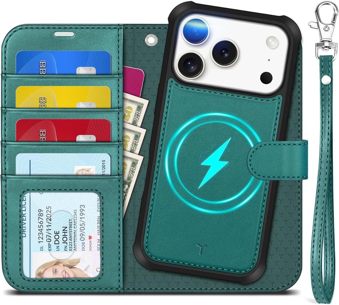 TUCCH 2-in-1 Removable Case Wallet for iPhone 17 Pro (6.3") 2025, Detachable Wrist Strap, 4 Card Holders RFID Blocking, Wireless Charging, Stand, Magnetic, PU Leather Shockproof Cover, Bluish Green