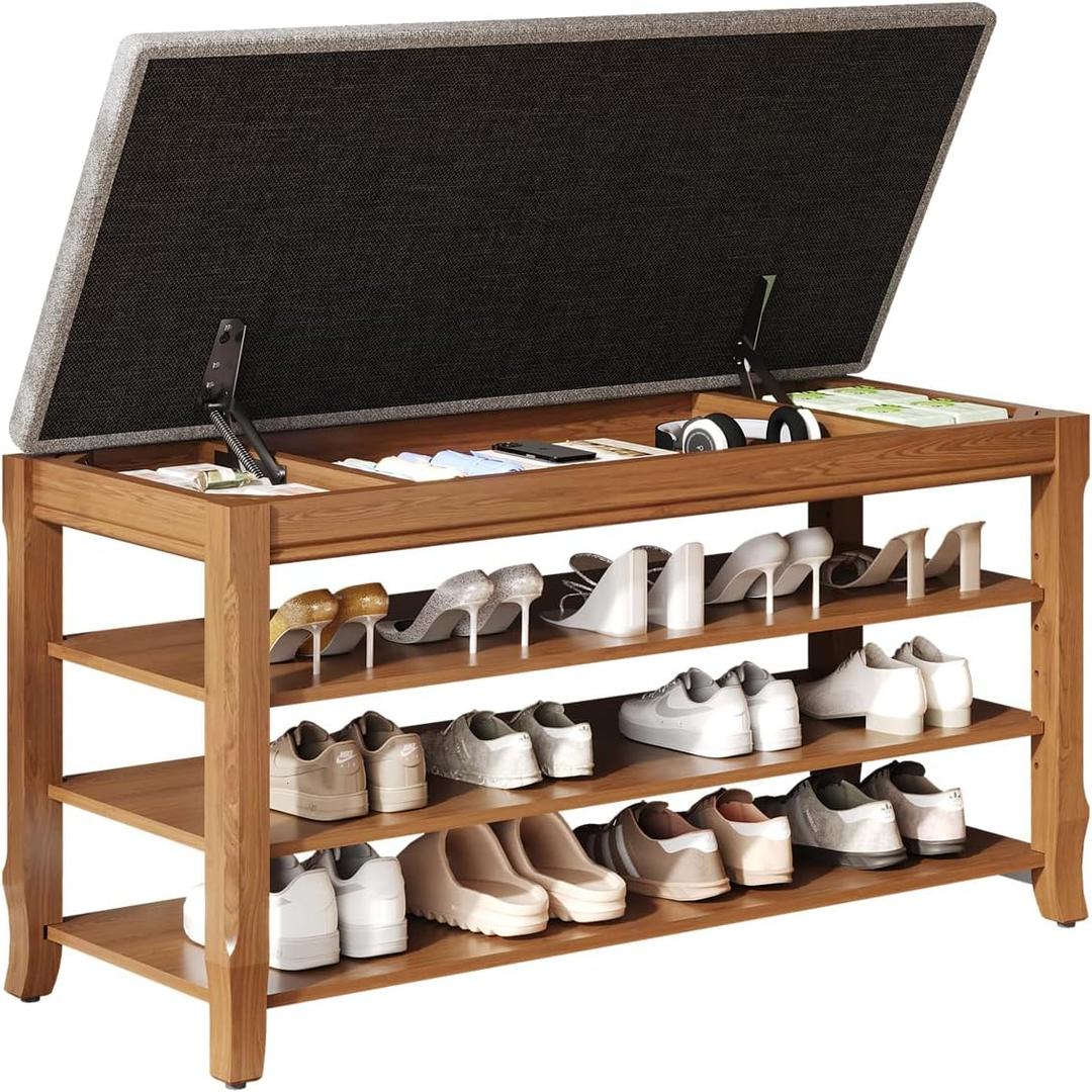 Solid Wood Shoe Bench with Storage, Flip-Top Soft-Close Lid, Adjustable Shelves, Cushioned Entryway Shoe Rack Organizer, 23.6"