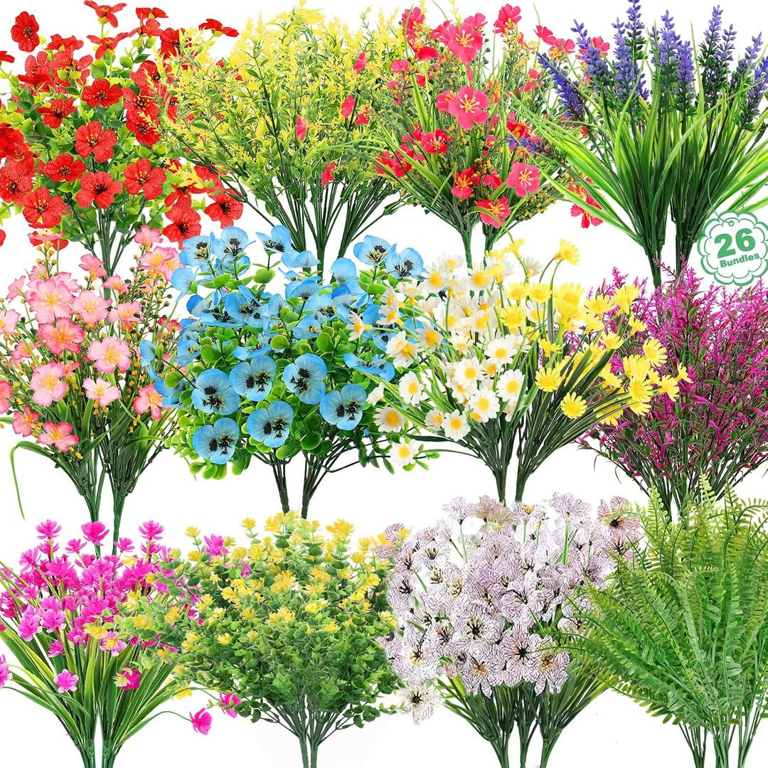 26 Bundles 13 Style Artificial Flowers for Outdoors Multicolor Fake Flowers Plastic Plants Faux Lavender Pansies UV Resistant for Spring Summer Garden Patio Hanging Planter Window Box Vase Decor
