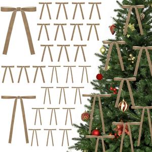 2 x 30 Pcs Velvet Bows for Christmas Tree, 5 x 7 Inch Vintage Rustic Christmas Ribbon Bows Ornaments for Tree Garland Wreath Gifts Outdoor Indoor Xmas Home Decorations(3/8'' Wide + 5/8'' Wide) (Khaki)