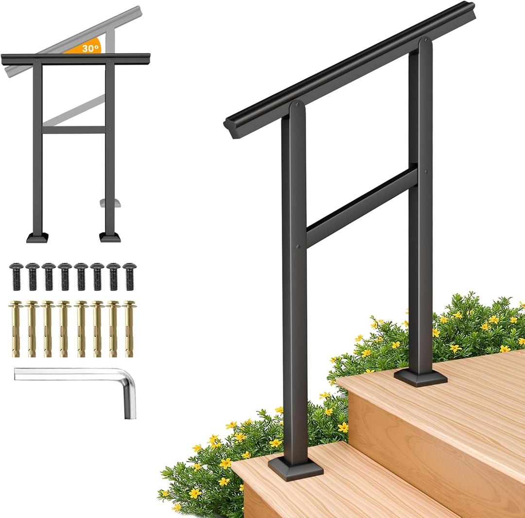 SPACEEUP Hand Rails for Outdoor Steps,2 Step Handrail24" x 34" Fits 0 to 2 Steps, Outdoor Stair Handrail Kit, Black Railings for Outdoor Steps for Porch DeckHand Rails for Seniors (2Steps)