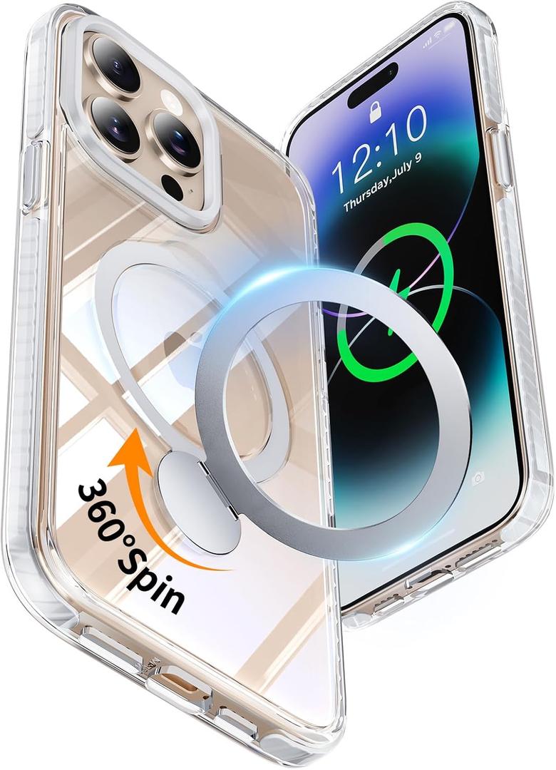 YOOVEI for iPhone 14 Pro Case,with Kickstand 360Rotatable Magnetic Invisible Ring Stand [Compatible with MagSafe],Shockproof Protective Slim Soft Edge,Phone Grip Cover 6.1'',Clear Misty White
