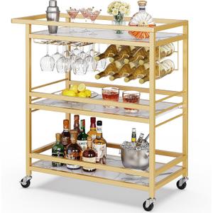Leteuke Bar Cart for Home, 3 Tier Gold Serving Rolling Carts with Wheels, Drink Cart, Liquor Stand with Marbled Wooden Shelves, Wine Rack and Glass Holder for Kitchen, Dining Room