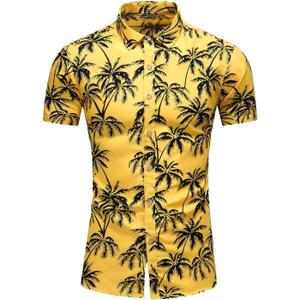 Men's Printed Beach Hawaiian Button-Down Slim fit Dress Shirt (Medium, Yellow 9019)