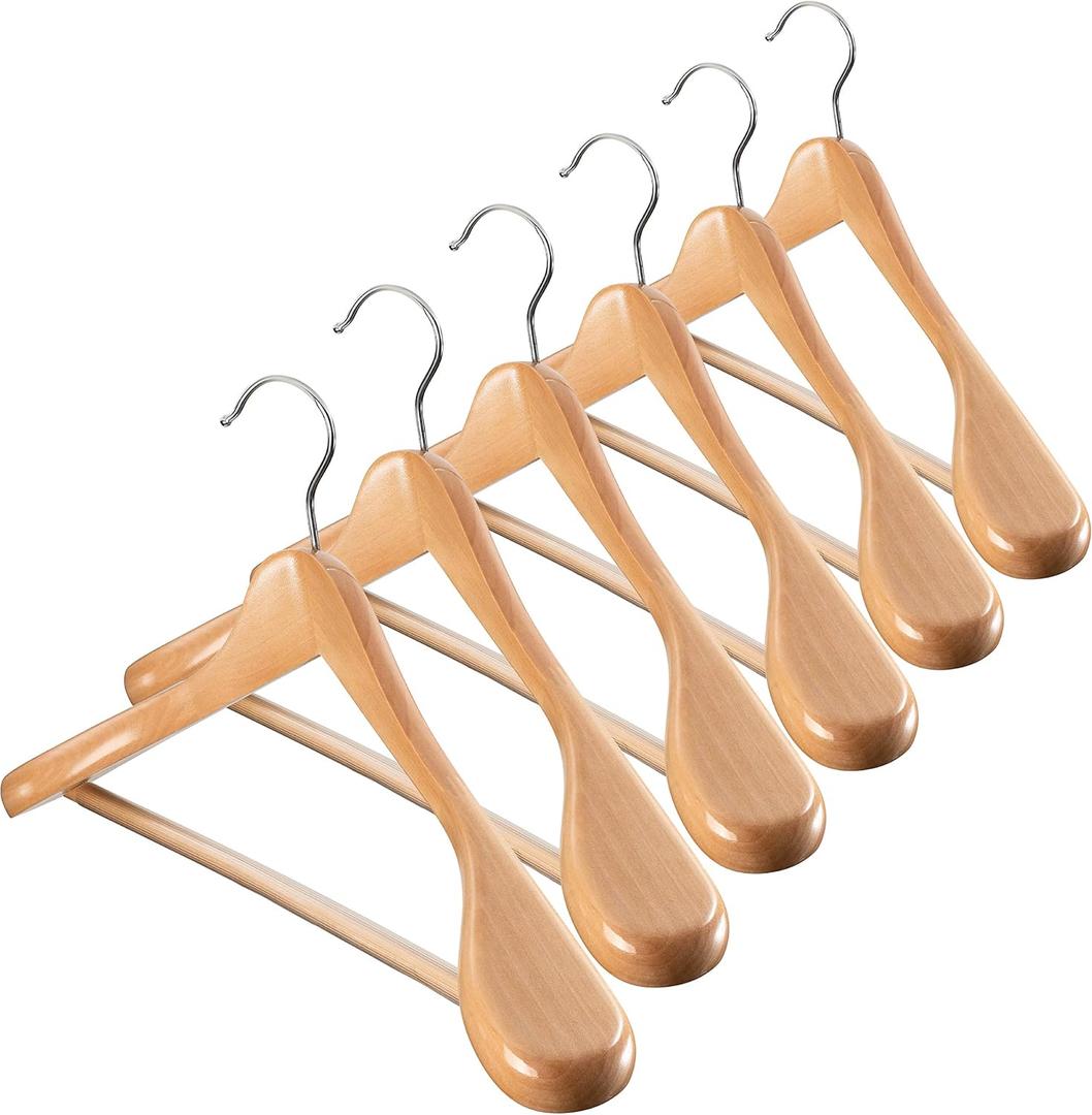 ZOBER 6 Pack High-Grade Wooden Suit Hangers for Men, Wide Shoulder Hangers with Non Slip Pants Bar, Smooth Finish, Holds Upto 20lbs, 360 Swivel Hook, Jacket Hanger, Heavy Duty Wide Hanger for Closet (Natural)