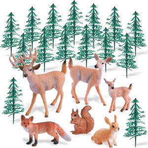 Zomiboo 21 Pcs Forest Animals Figurines Woodland Animal Toys Deer Hunting Cake Decorations Miniature Tree Mold Kits for Birthday Christmas Party Favors