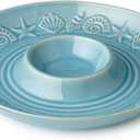 Certified International Coastline Blue Stoneware CHIP N DIP SERVER 13.5 Inches, embossed coastal shell and starfish server with glossy sea-blue glaze, Large